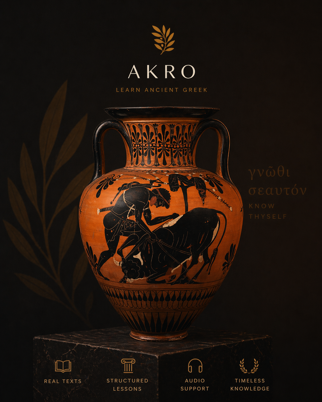 Ancient Greek vase in Akro's bronze and black visual style