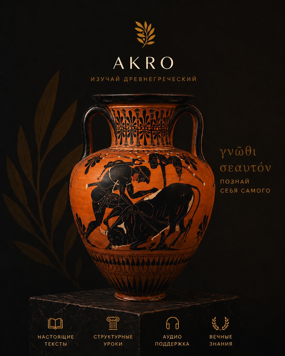 Русская карточка Akro с древнегреческой вазой и преимуществами курса