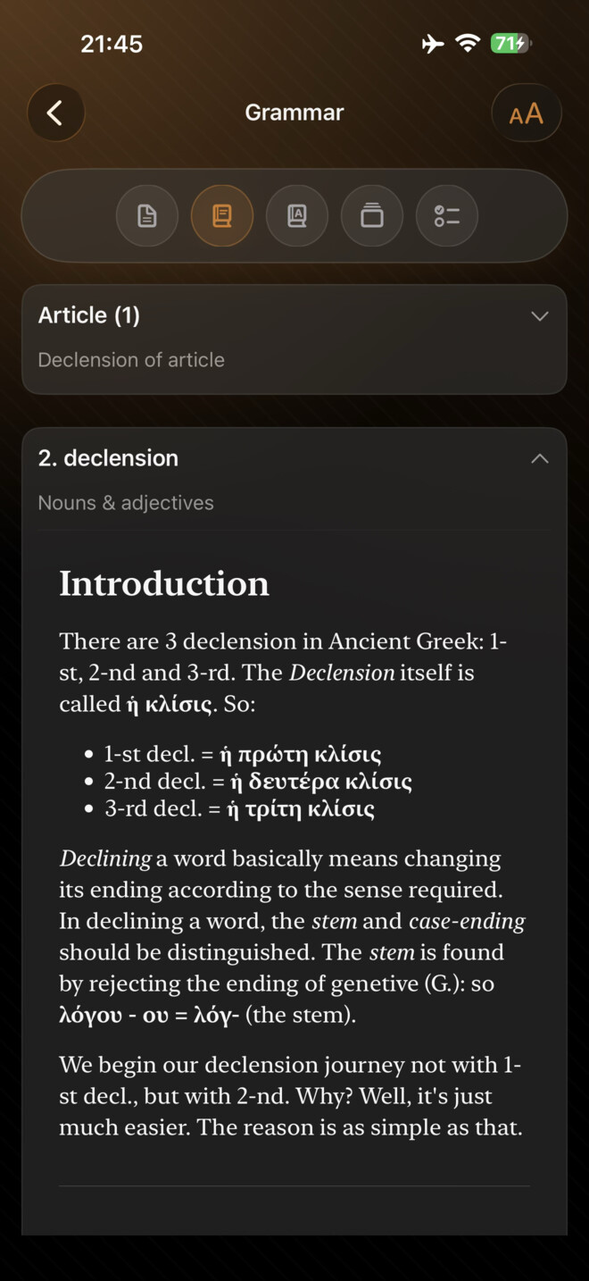Grammar explanation screen