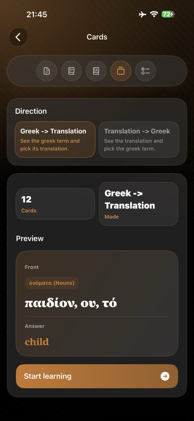 Mnemonic cards screen