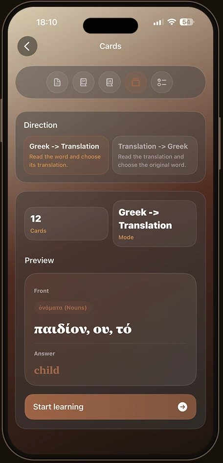 Mnemonic cards screen