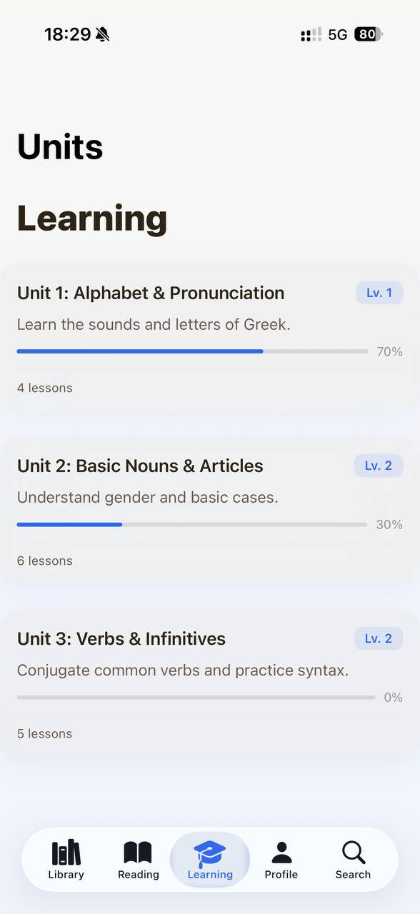 Akro Units/Learning screen