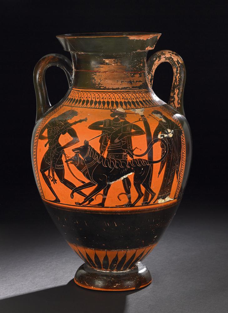Ancient black-figure vase showing a scene from a heroic cycle